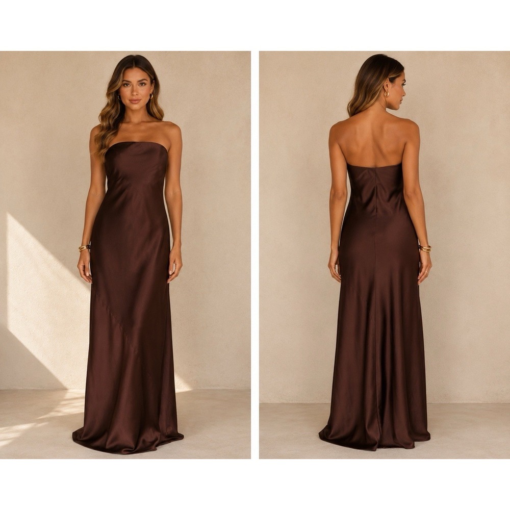 Show Me Your Mumu Taylor Tube Maxi Dress Womens Large Chocolate Luxe Satin Lined - Picture 3 of 12